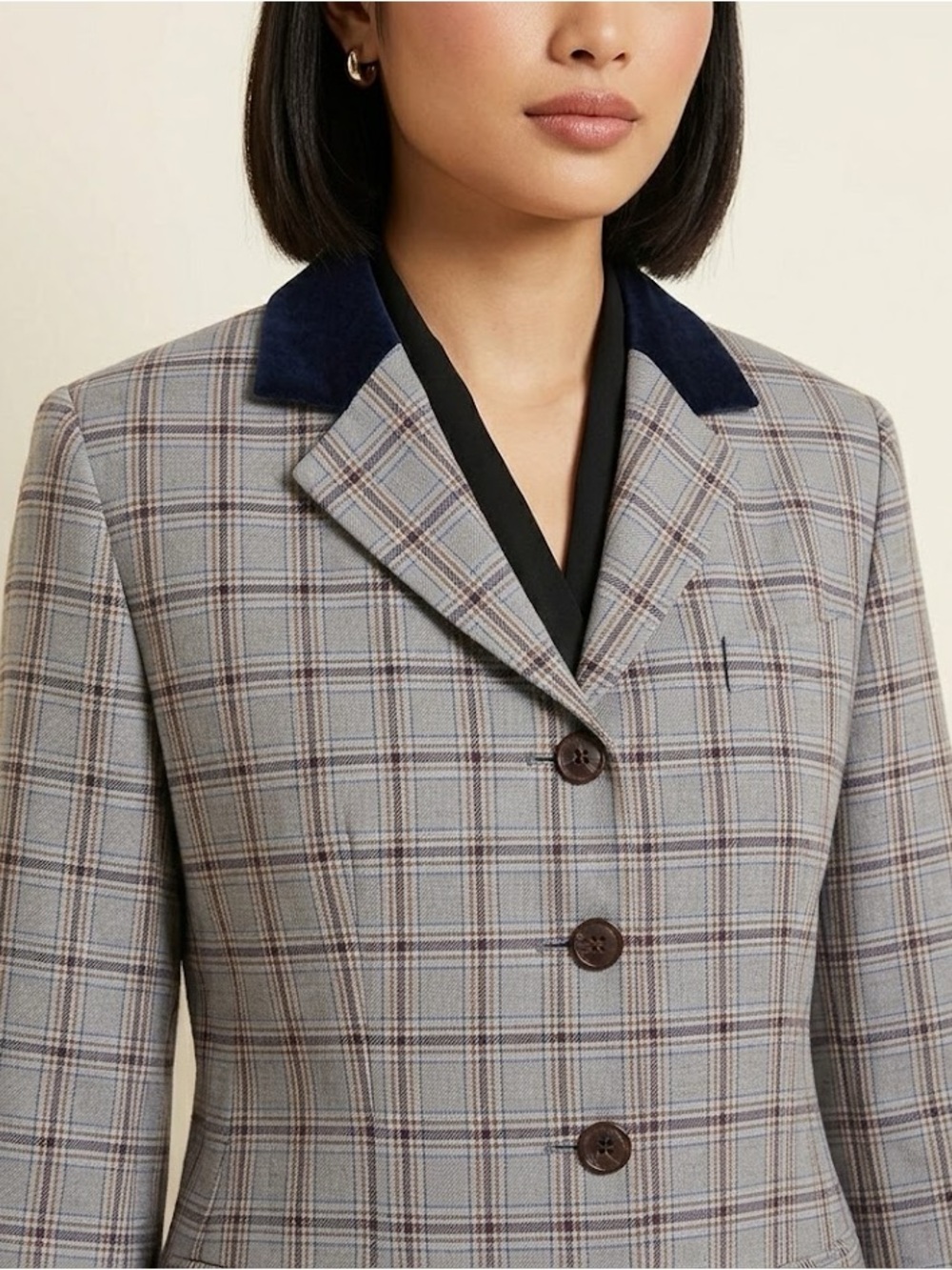 Evan Picone Beige Plaid Blazer with Navy Velvet Collar